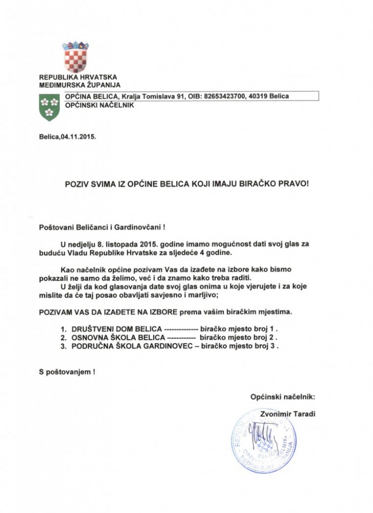 obavijest načelnika