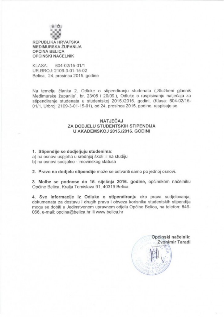 NATJEČAJ ZA DODJELU STUDENTSKIH STIPENDIJA U AKADEMSKOJ 2015.-2016. GODINI